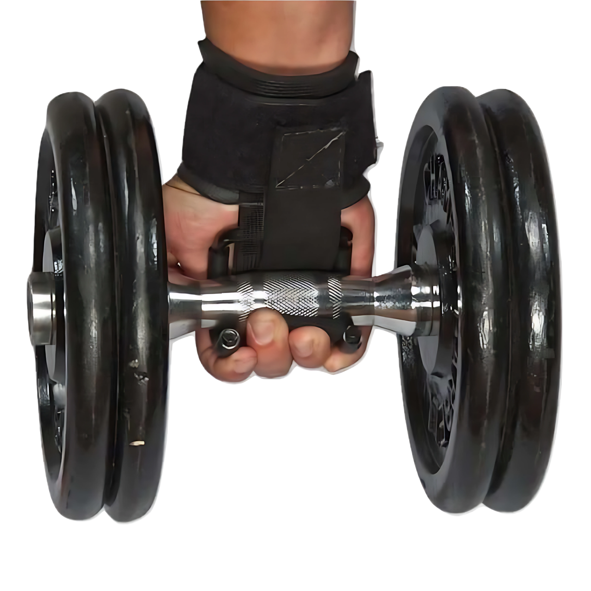 A hand wearing HAULIN HOOKS 'ORIGINALS' Hooks for Weightlifting Extreme grips a heavy dumbbell with black weight plates, ready for intense deadlifts.