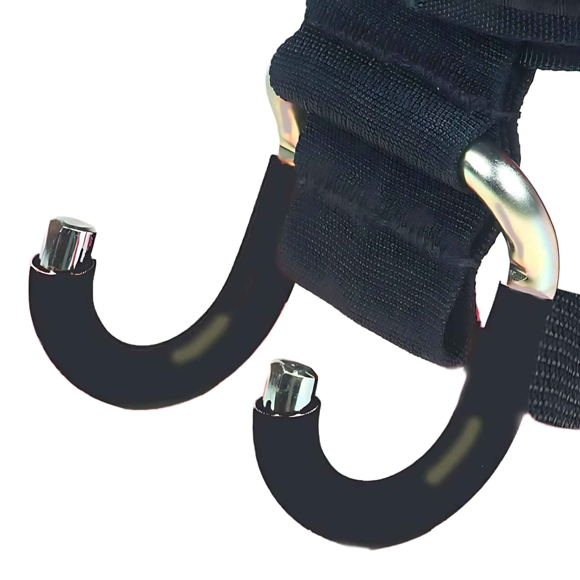 HAULIN HOOKS ‘ORIGINALS’ Hooks for Weightlifting Extreme feature two black metal hooks on sturdy black straps with metal fasteners, perfect for improving grip during deadlifts.