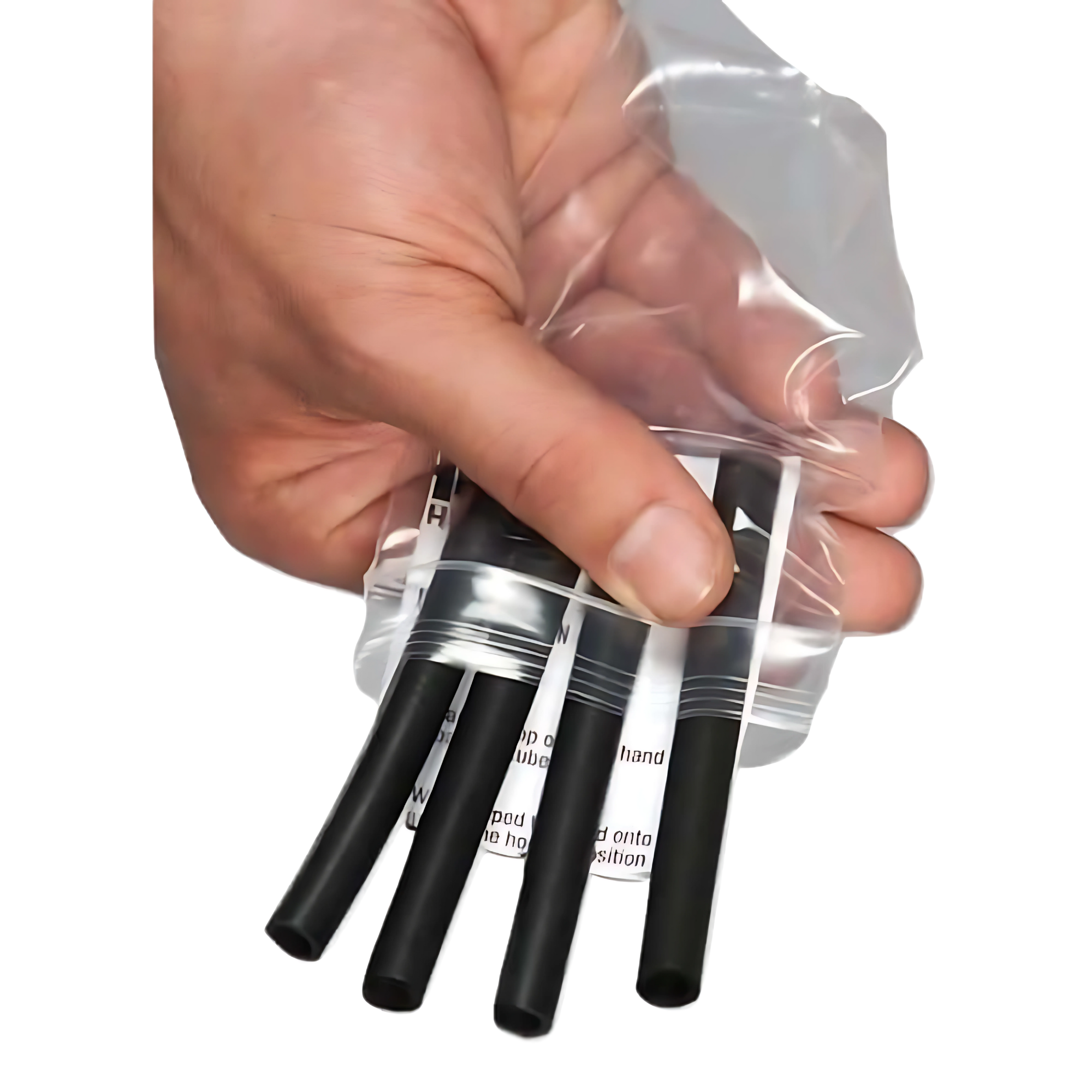 A hand holds four HAULIN HOOKS 'ORIGINALS' Hooks for Weightlifting Extreme! in black plastic inside a clear resealable bag.