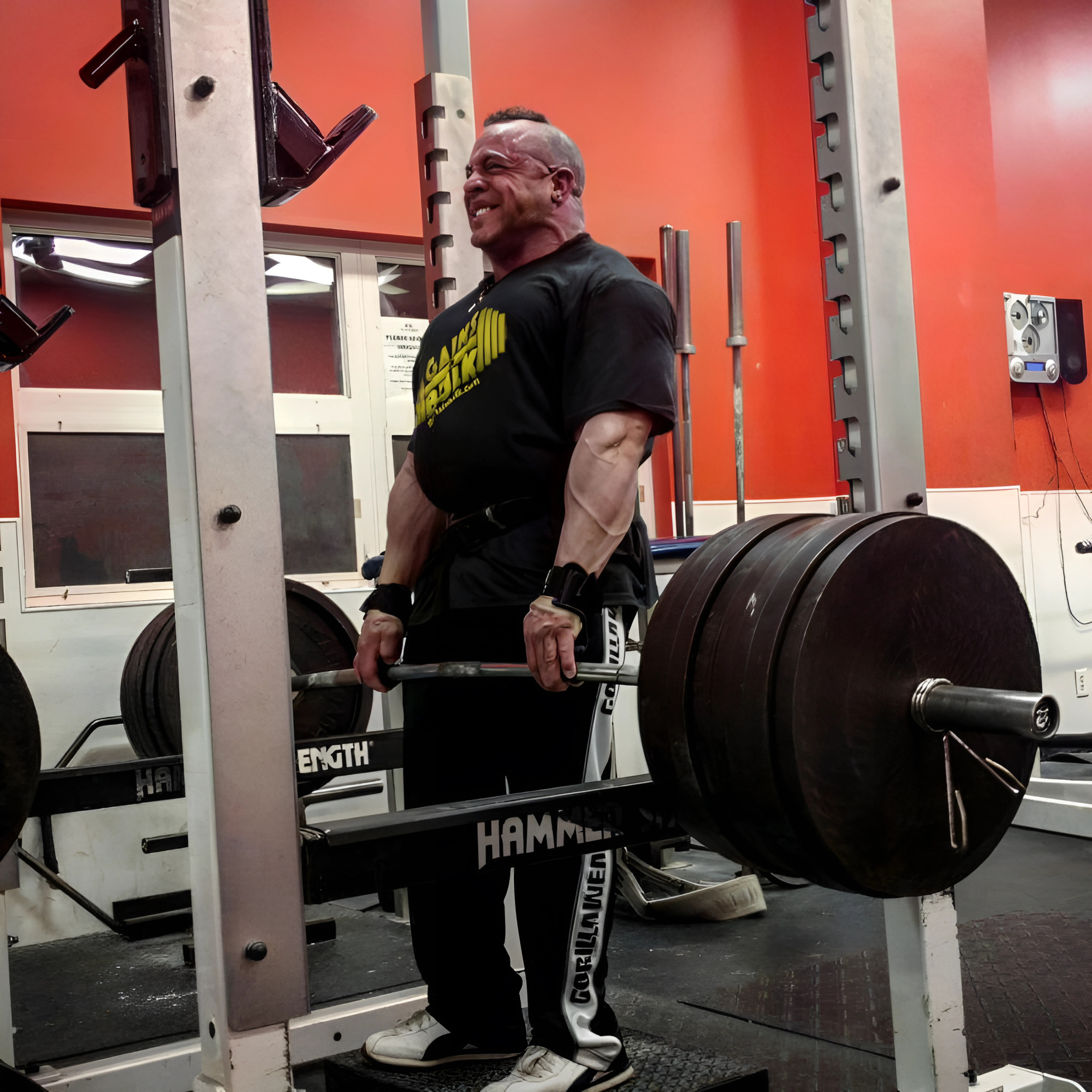 A man uses HAULIN HOOKS 'ORIGINALS' Hooks for Weightlifting Extreme while performing heavy deadlifts with a loaded barbell in a gym with red walls and strength training equipment.