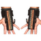 Two hands don HAULIN HOOKS 'PROFESSIONAL' wrist support with fiery flame designs and strong metal hooks, ideal for improving grip during deadlifts.