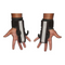 Two hands wear HAULIN HOOKS 'PROFESSIONAL' black weightlifting straps with hooks and Velcro wristbands, ideal for deadlifts, palms facing downward.