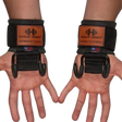 Two hands wearing HAULIN HOOKS ONLYS black wrist straps with metal lifting hooks, palms up, designed for superior muscle isolation and enhanced wrist protection.