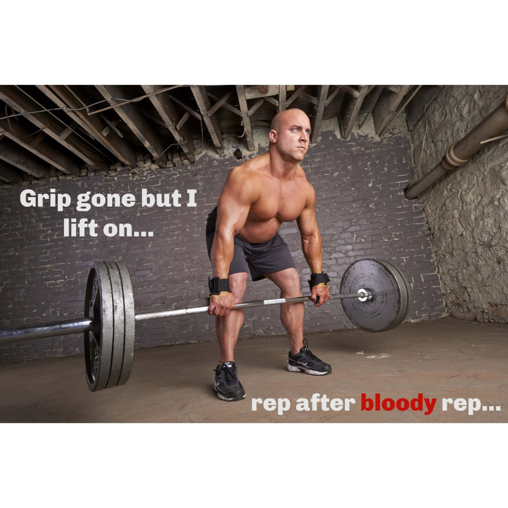 A muscular man utilizes HAULIN HOOKS Wide Glide 4.5" Hooks with a thumbless grip to deadlift heavy weights in a basement, inspirational text overlayed.