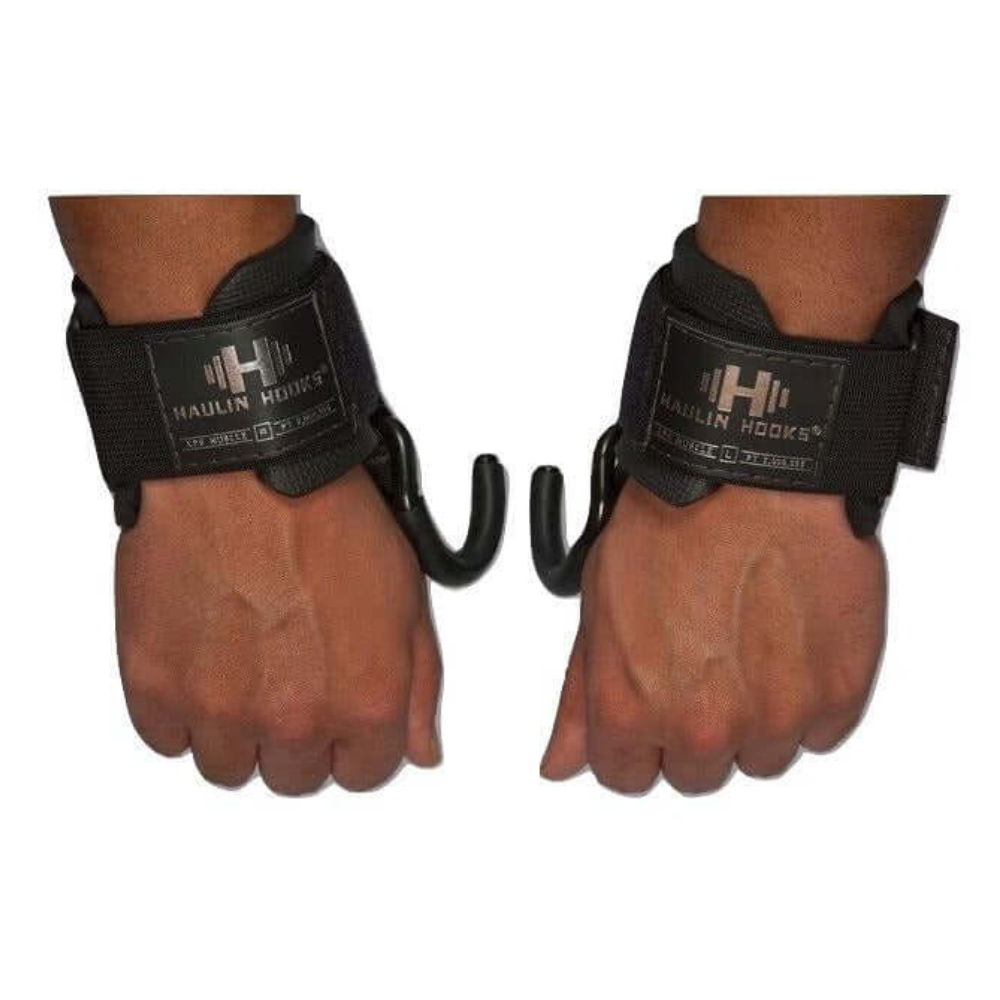 Hands using HAULIN HOOKS Wide Glide 4.5" Hooks in black easily maintain a secure, thumbless grip while lifting.