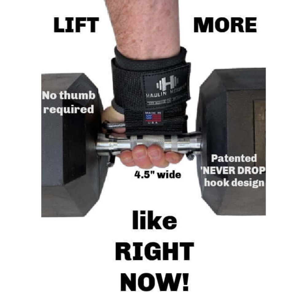 A close-up shows a hand using HAULIN HOOKS Wide Glide 4.5" Hooks with a thumbless grip on a dumbbell, highlighting the secure design and comfort. These unique hooks eliminate thumb involvement, offering one of the widest available for an enhanced weightlifting experience.