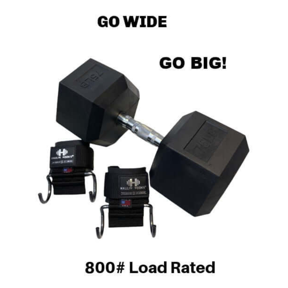 HAULIN HOOKS Wide Glide 4.5" Hooks for weightlifting with the widest hooks for a thumbless grip, rated to hold up to 800#. Text reads: "GO WIDE GO BIG!.