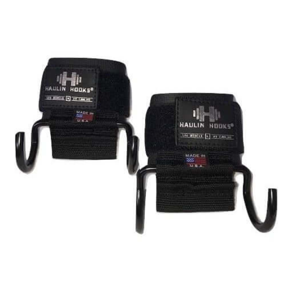 Black HAULIN HOOKS Wide Glide 4.5" weightlifting wrist straps with wide hooks for a secure, thumbless grip against a white background.