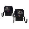 Black HAULIN HOOKS Wide Glide 4.5" weightlifting wrist straps with wide hooks for a secure, thumbless grip against a white background.