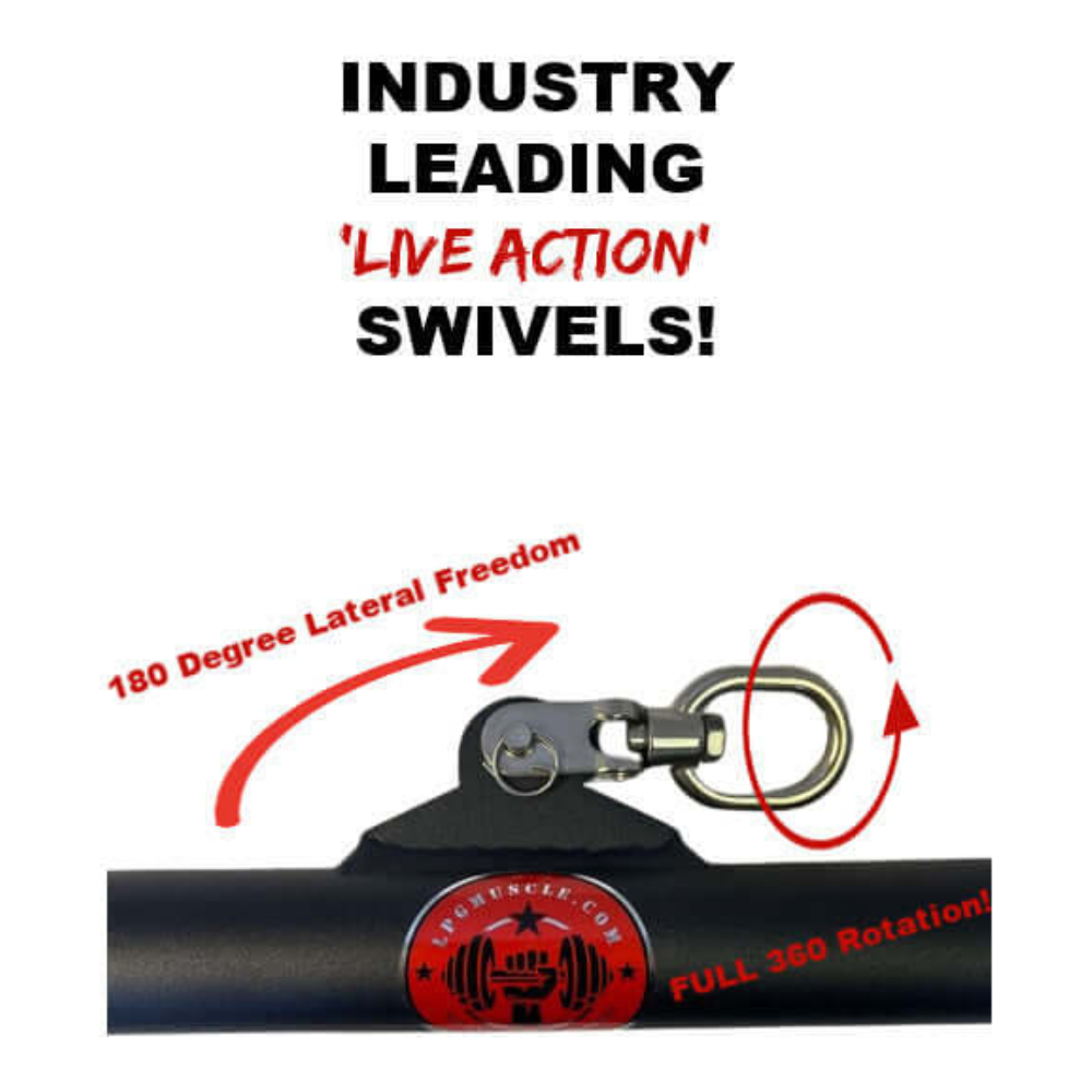 Introducing the HOG LEGS 'Forty Eight' FAT Angled Lat Pull Down Bar, a versatile attachment with 360-degree swivel and 180-degree lateral movement, ideal for boosting muscle stimulation during workouts.