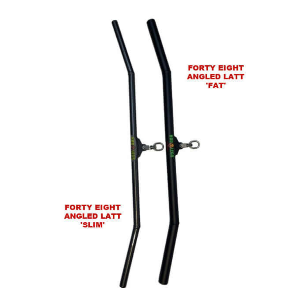 Two black angled lat bars, "Forty Eight Angled Latt 'Slim'" and "HOG LEGS 'Forty Eight' FAT Angled Lat Pull Down Bar," are perfect cable attachments for effective muscle stimulation during workouts.
