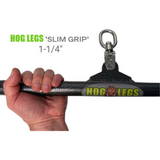 A Hog Legs 'Forty Eight' Fat Angled Lat Pull Down Bar demonstrates its innovative swivel hook—a perfect cable attachment for improved muscle stimulation.