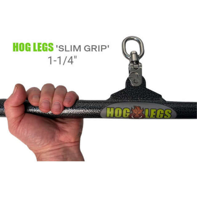 A Hog Legs 'Forty Eight' Fat Angled Lat Pull Down Bar demonstrates its innovative swivel hook—a perfect cable attachment for improved muscle stimulation.