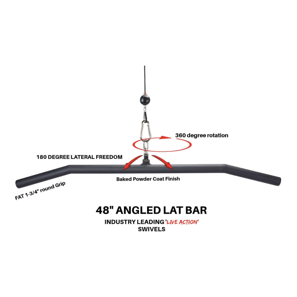 The HOG LEGS 'Forty Eight' FAT Angled Lat Pull Down Bar features a black powder coat finish, 360-degree rotation, and an angled design for optimal muscle stimulation.