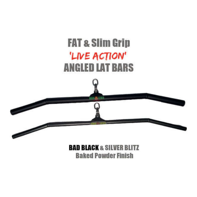 The HOG LEGS 'Forty Eight' is a versatile cable attachment featuring an angled lat pull-down bar with FAT & Slim Grip and a baked powder finish, perfect for enhancing muscle stimulation during your exercises.