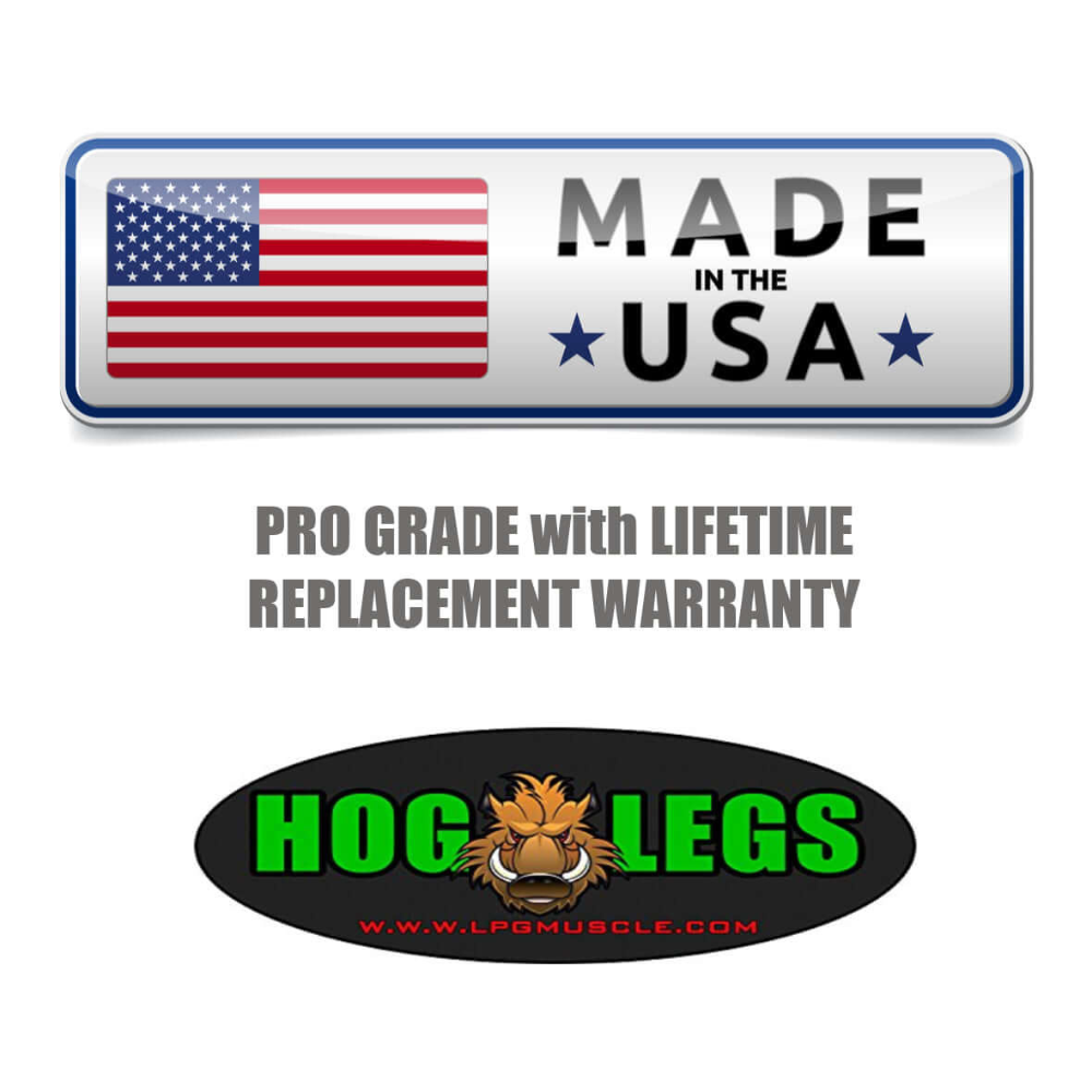 The HOG LEGS 'Forty Eight' FAT Angled Lat Pull Down Bar features the "Hog Legs" logo and USA flag with "Made in the USA" text. Built to last, it includes a lifetime warranty and is designed for muscle stimulation, perfectly complementing your lat pull down bar for optimal performance.
