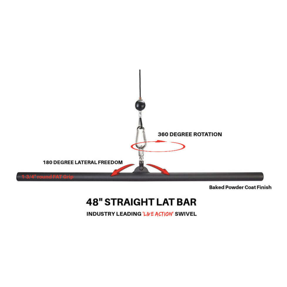 Boost your strength routine with the HOG LEGS 48" FAT Lat Pulldown Straight Bar. It features a muscle-stimulating swivel, 360-degree rotation, and 180-degree lateral motion. Finished in sleek black powder coat, it's ideal for sculpting a wide back.