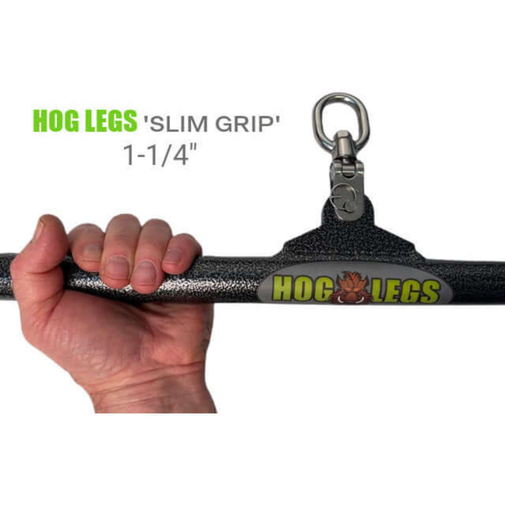 Hand gripping a HOG LEGS 48" FAT Lat Pulldown Straight Bar, expertly designed for muscle stimulation, featuring a durable metal build.