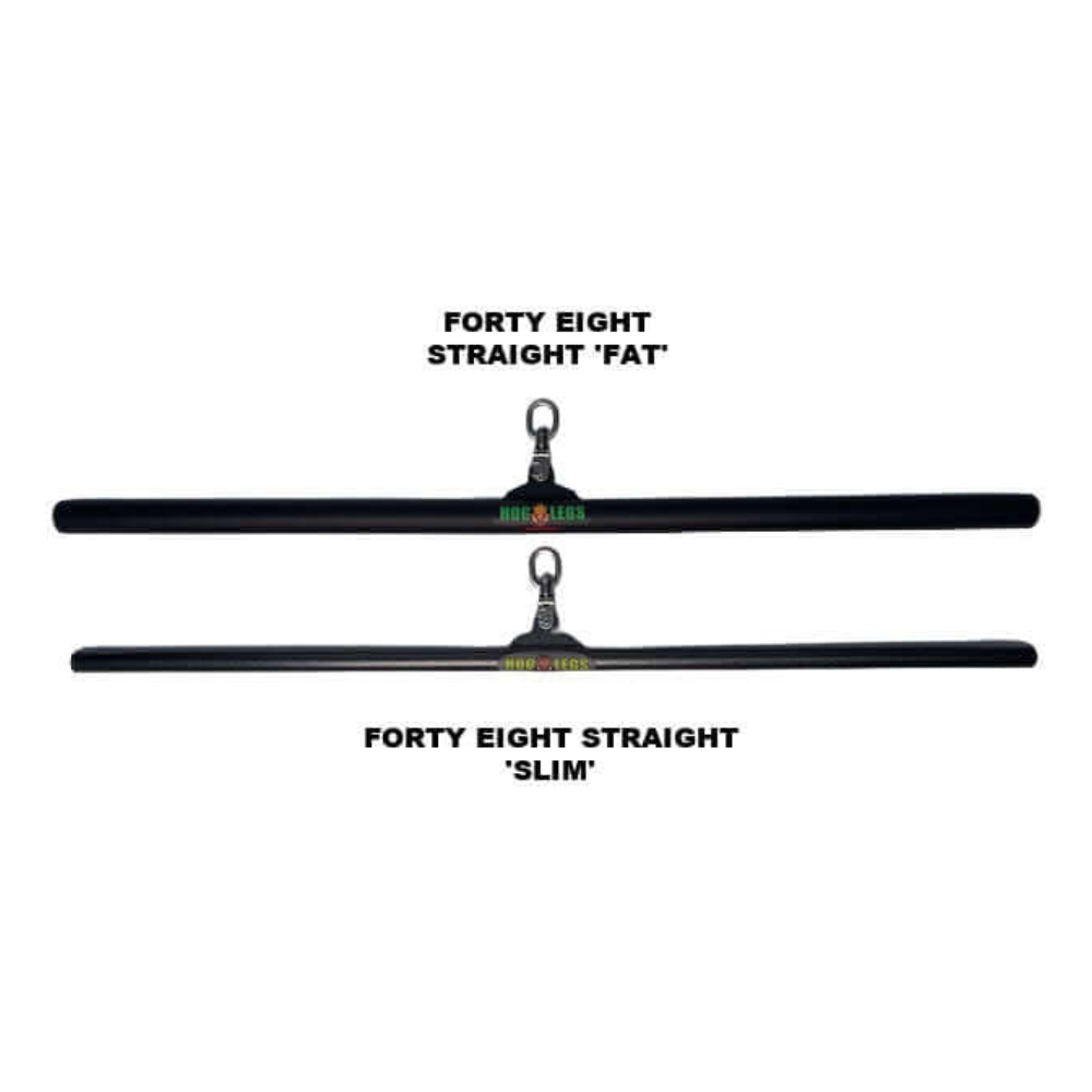 Two black horizontal bars labeled "HOG LEGS 48\" FAT Lat Pulldown Straight Bar" and "Forty Eight Straight 'Slim'," each with hooks on top, designed as a muscle-stimulating straight lat bar.