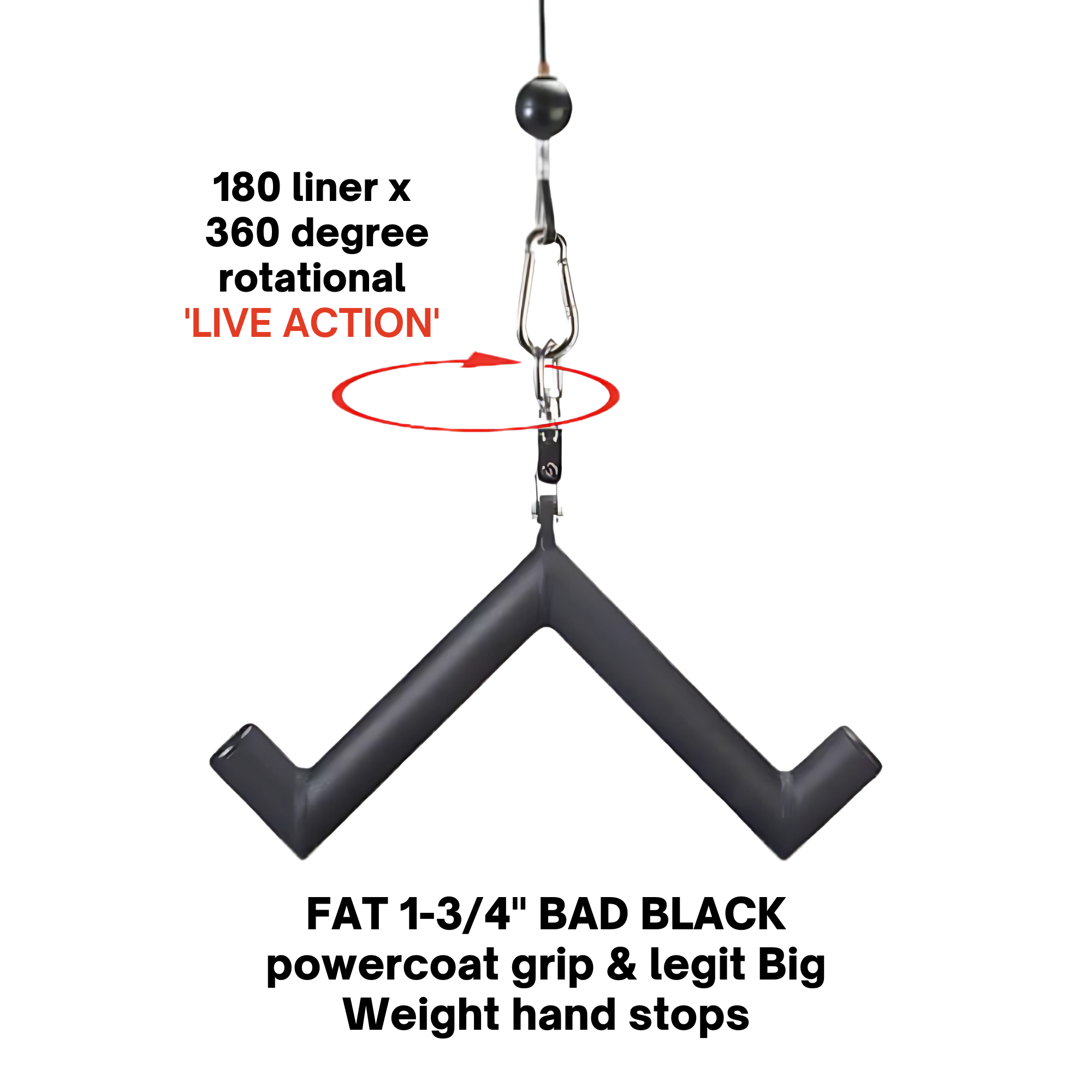 The HOG LEGS 'Arm Yourself' Cable Machine Attachments Set features a black V-shaped hanger with a forearm grip, clip suspension, and “LIVE ACTION” label—designed for discovering new muscle targeting angles.