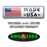 The USA flag with "Made in USA" text highlights the HOG LEGS 'Arm Yourself' Cable Machine Attachments Set, offering a pro-grade build and lifetime replacement warranty. Its FAT 1 3/4" round welded steel grip ensures top-tier performance on any cable gym machine.