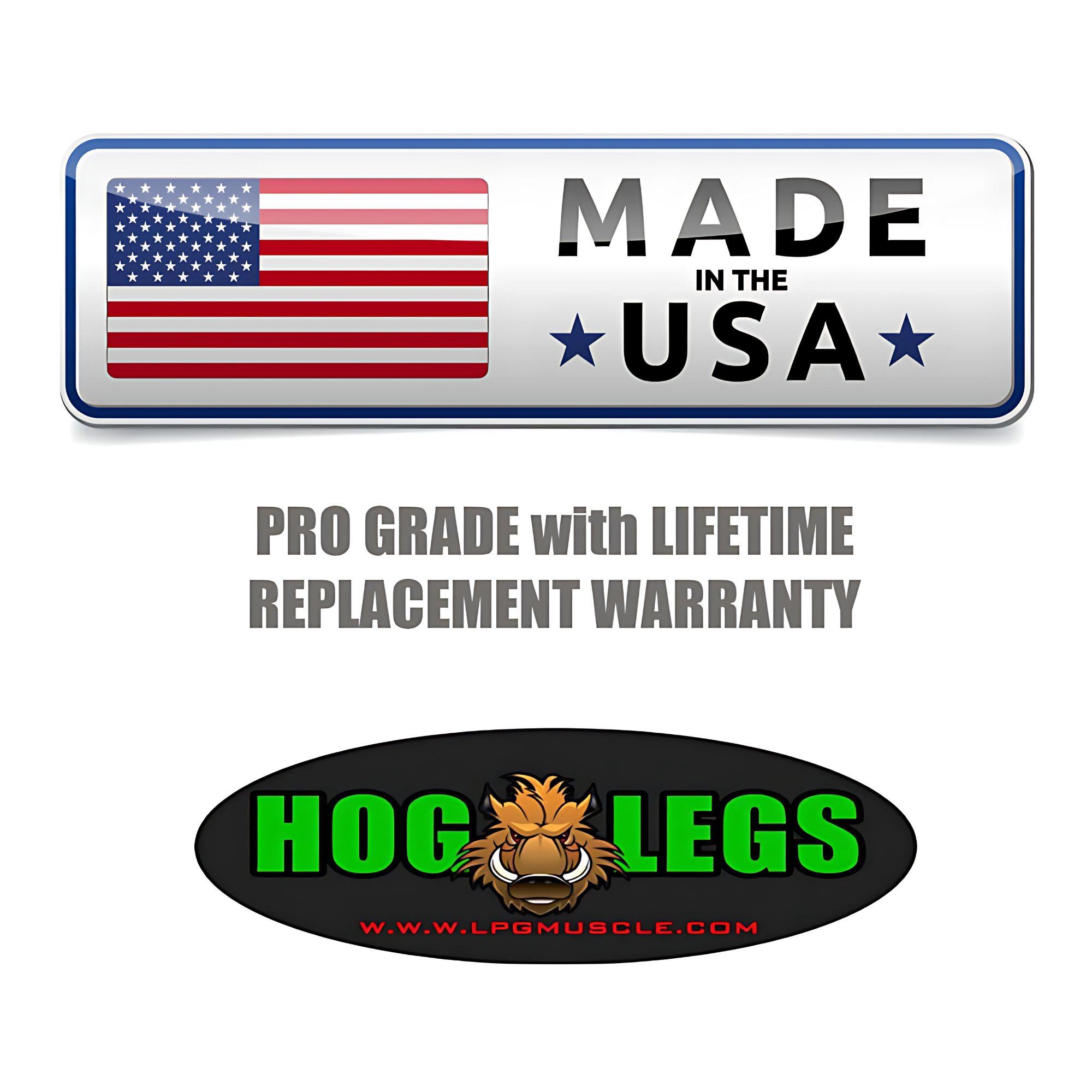 The HOG LEGS 'Arm Yourself' Cable Machine Attachments Set features a Made in USA badge, warranty info, and the HOG LEGS logo with website on a white background, emphasizing bicep cable attachments for targeted muscle angles.
