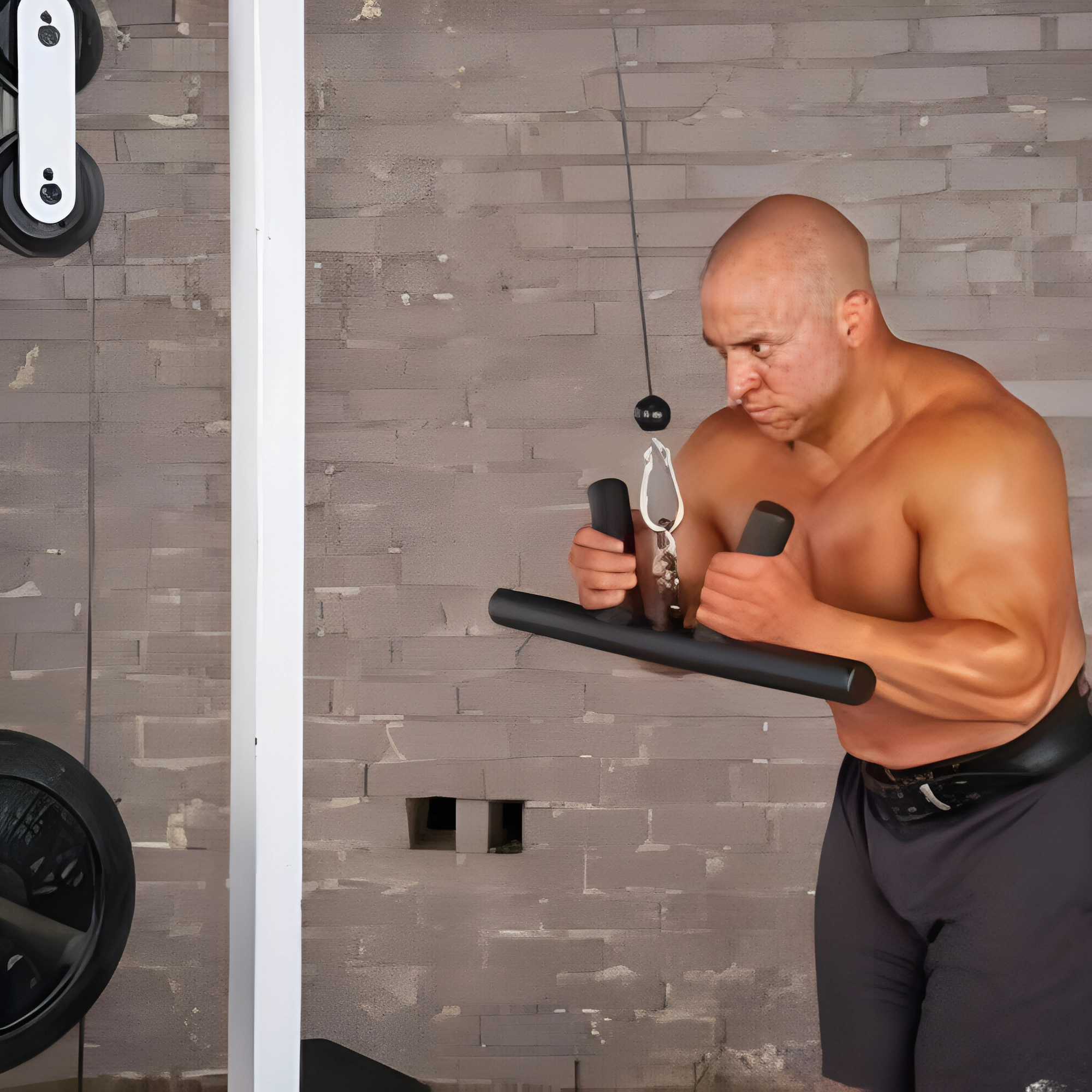 A muscular man uses the HOG LEGS 'Arm Yourself' Cable Machine Attachments Set for a chest exercise in a gym with a gray brick wall, adjusting his forearm grip to optimize muscle targeting angles.