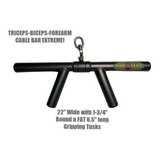 The HOG LEGS 'Arm Yourself' Cable Machine Attachments Set includes a black triceps-biceps-forearm cable bar, compatible with any cable gym machine. Featuring two handles, a metal hook attachment, and FAT 1 3/4″ round welded steel grip for durability, it offers a lifetime replacement warranty.
