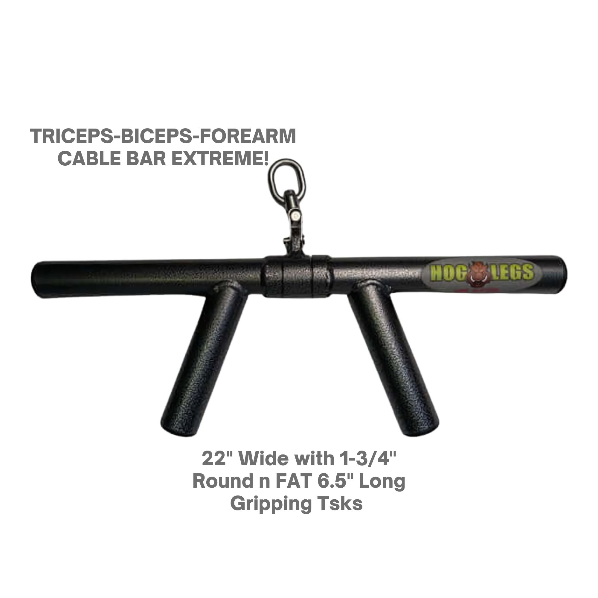The HOG LEGS 'Arm Yourself' Cable Machine Attachments Set features a black cable bar with two angled handles for optimized muscle targeting, enhanced grip, central clip, Hog Legs logo, and versatile use as a top bicep cable attachment.