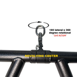 The HOG LEGS 'Arm Yourself' Cable Machine Attachments Set features a metal hanging hardware with a swivel hook that's inscribed "REVVOLVING CENTER" and offers 180° lateral x 360° rotational movement, a FAT 1¾″ round welded steel grip, and includes a lifetime replacement warranty for durability assurance.