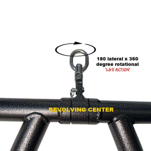 The HOG LEGS 'Arm Yourself' Cable Machine Attachments Set features a metal hanging hardware with a swivel hook that's inscribed "REVVOLVING CENTER" and offers 180° lateral x 360° rotational movement, a FAT 1¾″ round welded steel grip, and includes a lifetime replacement warranty for durability assurance.