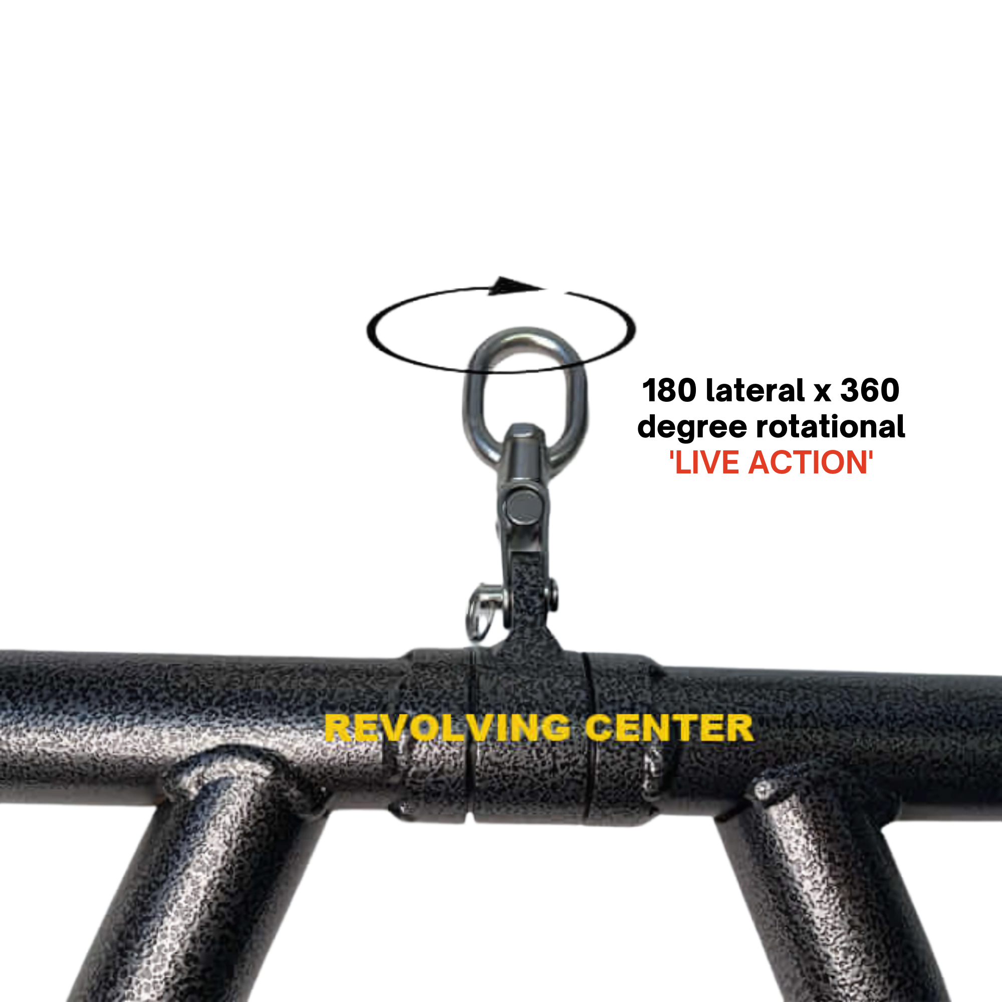 Close-up of a HOG LEGS 'Arm Yourself' Cable Machine Attachment with "LIVE ACTION" and "REVOLVING CENTER" labels, plus rotation arrows—perfect for targeting biceps and forearms during workouts.