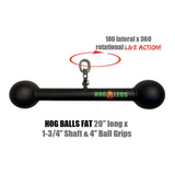 Black bar with a logo and handles for rotational exercises, labeled "HOG BALLS FAT 20" long, featuring a FAT 1-3/4" round welded steel grip. Compatible with cable machines and includes a lifetime replacement warranty for peace of mind. Part of the HOG LEGS 'Arm Yourself' Cable Machine Attachments Set.