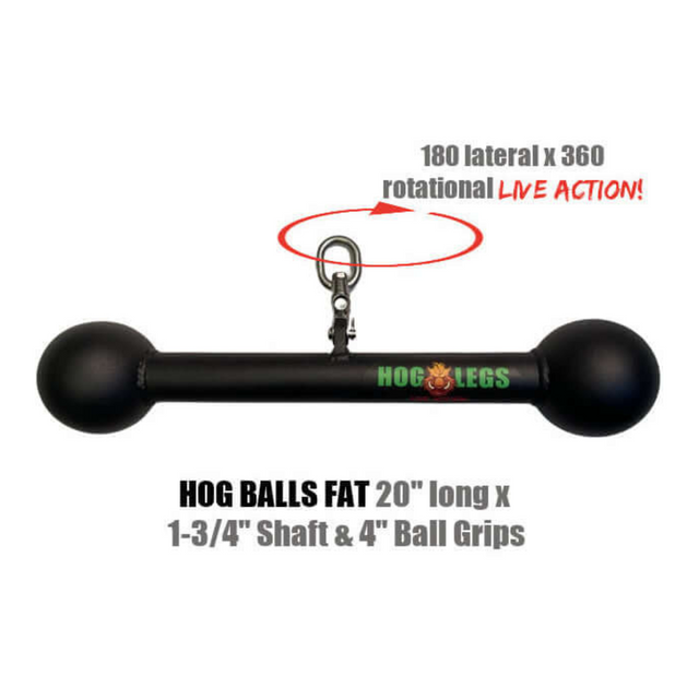 Black bar with a logo and handles for rotational exercises, labeled "HOG BALLS FAT 20" long, featuring a FAT 1-3/4" round welded steel grip. Compatible with cable machines and includes a lifetime replacement warranty for peace of mind. Part of the HOG LEGS 'Arm Yourself' Cable Machine Attachments Set.