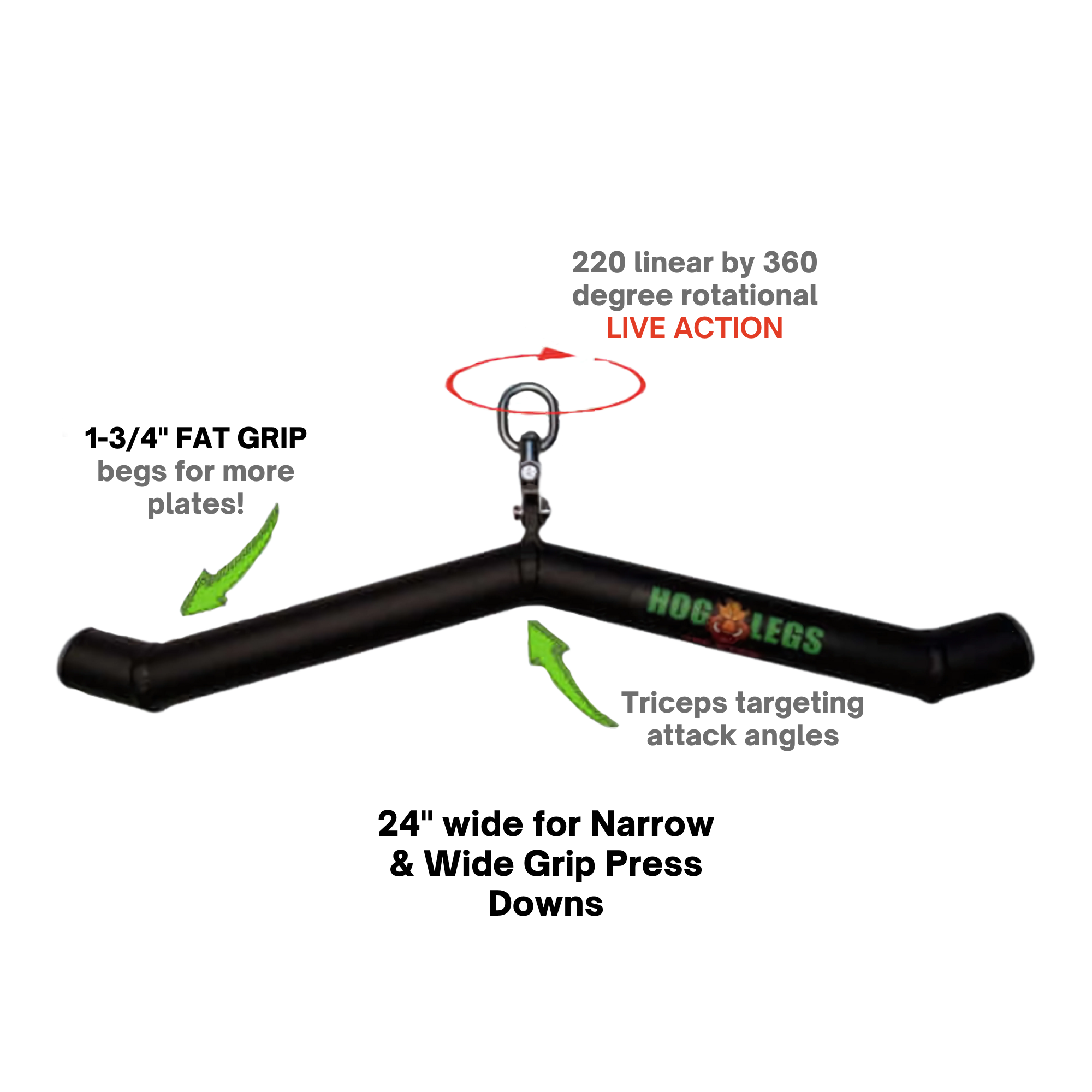 The HOG LEGS 'Arm Yourself' Cable Machine Attachments Set features a black exercise bar with rotating hook, designed to target triceps, biceps, and forearms. Add weight plates to increase resistance for a complete arm workout.