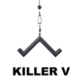 The HOG LEGS 'Arm Yourself' set includes a black V-shaped object labeled "KILLER V" with a metal hook attachment and FAT 1 3/4″ round welded steel grip for cable gym machines, featuring a lifetime replacement warranty for lasting quality.