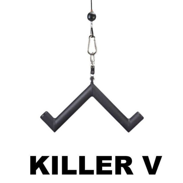 The HOG LEGS 'Arm Yourself' set includes a black V-shaped object labeled "KILLER V" with a metal hook attachment and FAT 1 3/4″ round welded steel grip for cable gym machines, featuring a lifetime replacement warranty for lasting quality.