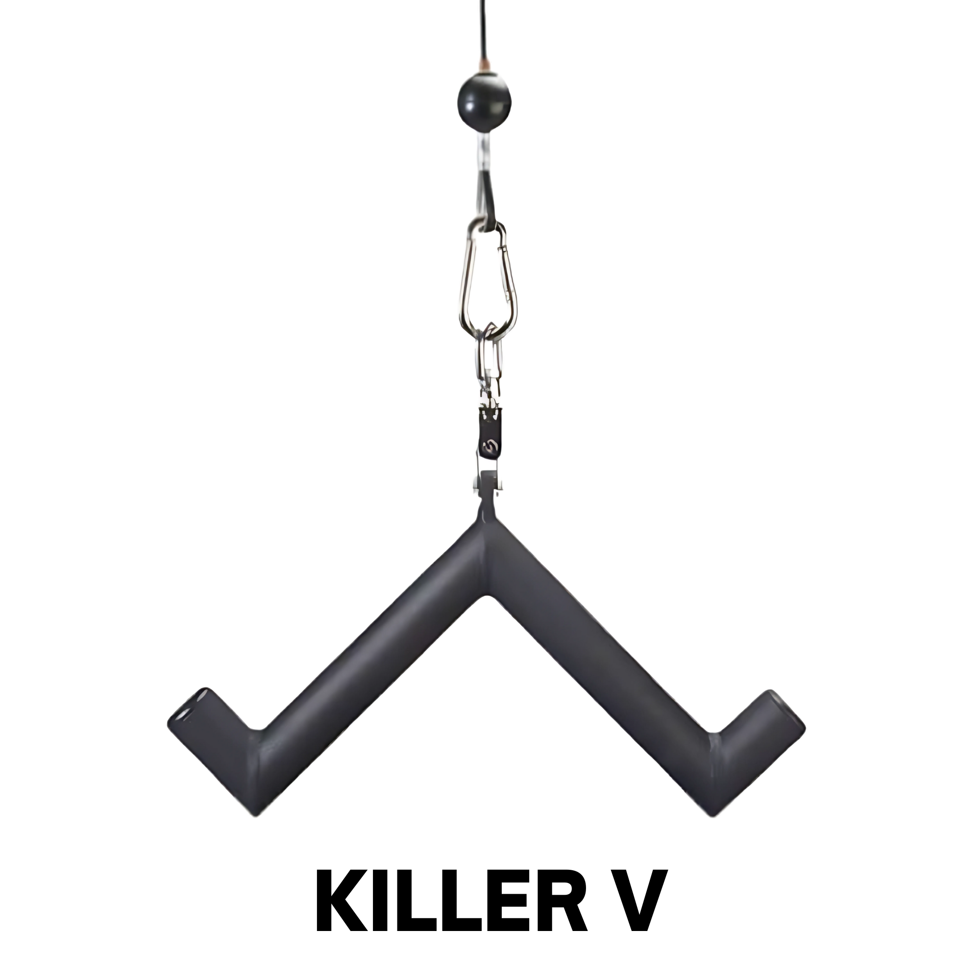 The HOG LEGS 'Arm Yourself' Cable Machine Attachments Set features a black V-shaped handle with a carabiner, designed for gym equipment to offer versatile muscle angles and improved forearm grip during bicep cable exercises.