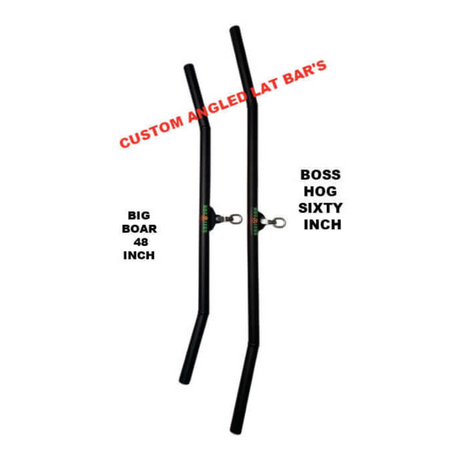 The "Big Boar 48 Inch" and the "HOG LEGS 'BOSS HOG' Sixty Inch FAT Lat Pulldown Bar," both in sleek black, are engineered for muscle stimulation. These commercial-grade bars are ideal for any serious strength training setup.