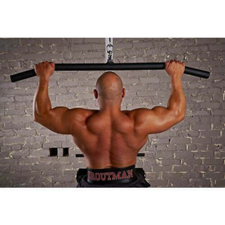 Using the HOG LEGS 'BOSS HOG' Sixty Inch FAT Lat Pulldown Bar in a gym, users stimulate muscles with each pull-up, highlighting their muscular back and arms.