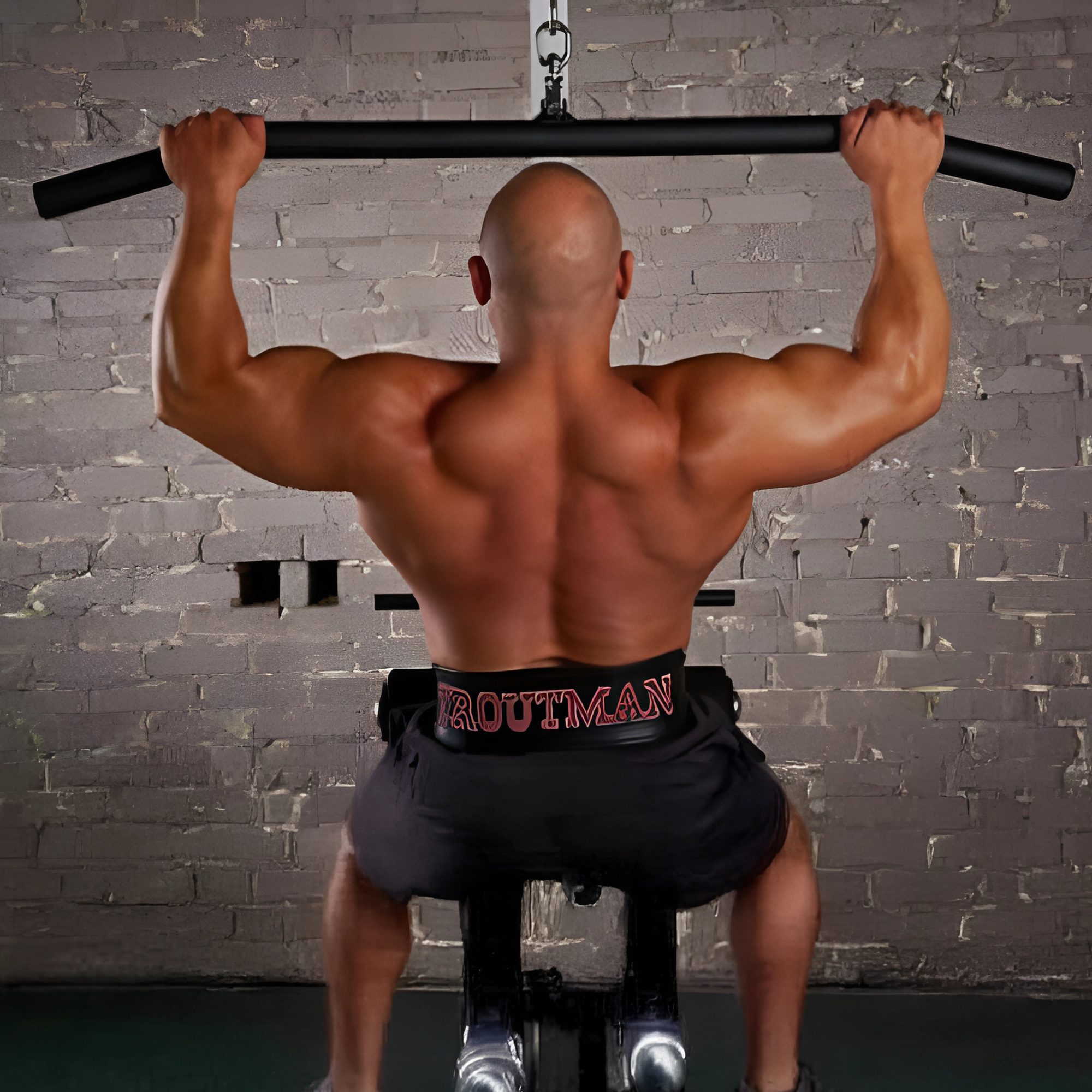 A muscular man performs lat pulldowns at the gym using the HOG LEGS 'BOSS HOG' Sixty Inch FAT Lat Pulldown Bar, viewed from behind.