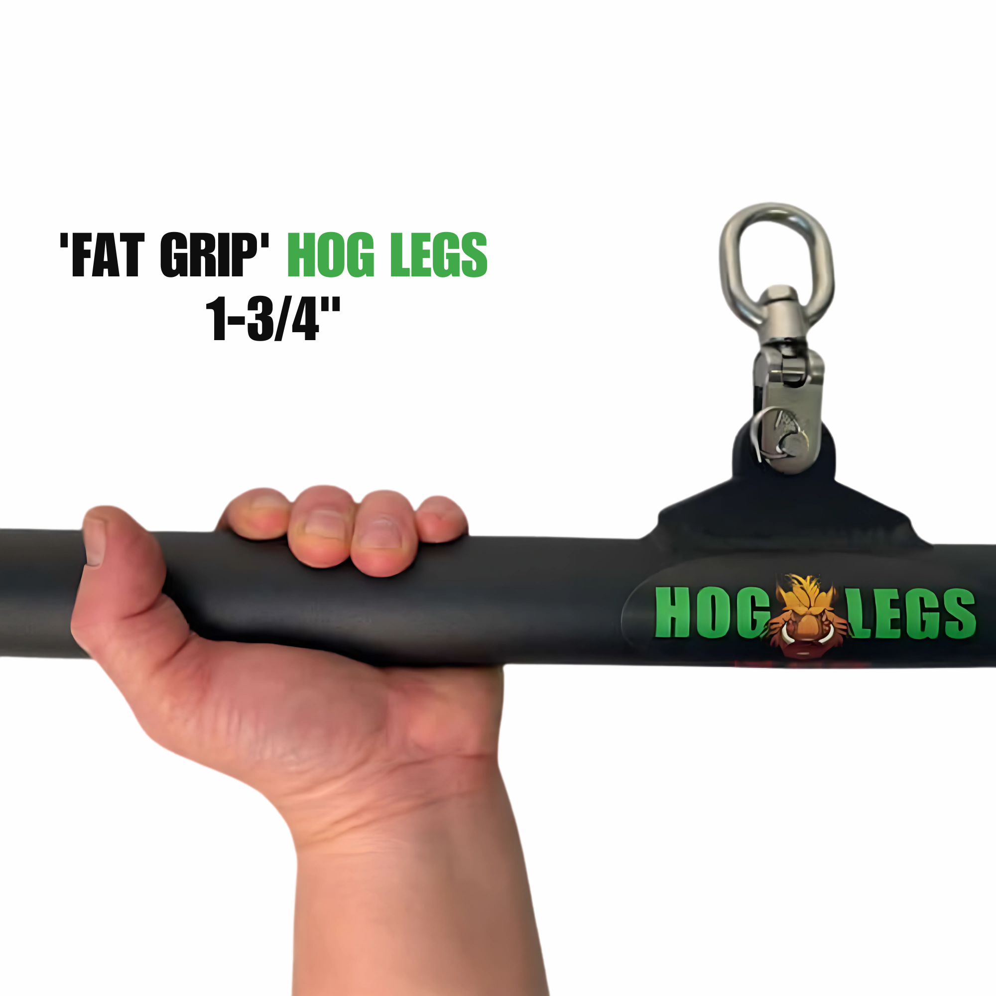 A hand grips a commercial-grade black "HOG LEGS 'BOSS HOG' Sixty Inch FAT Lat Pulldown Bar" with a metal hook; text reads "'FAT GRIP' HOG LEGS 1-3/4".