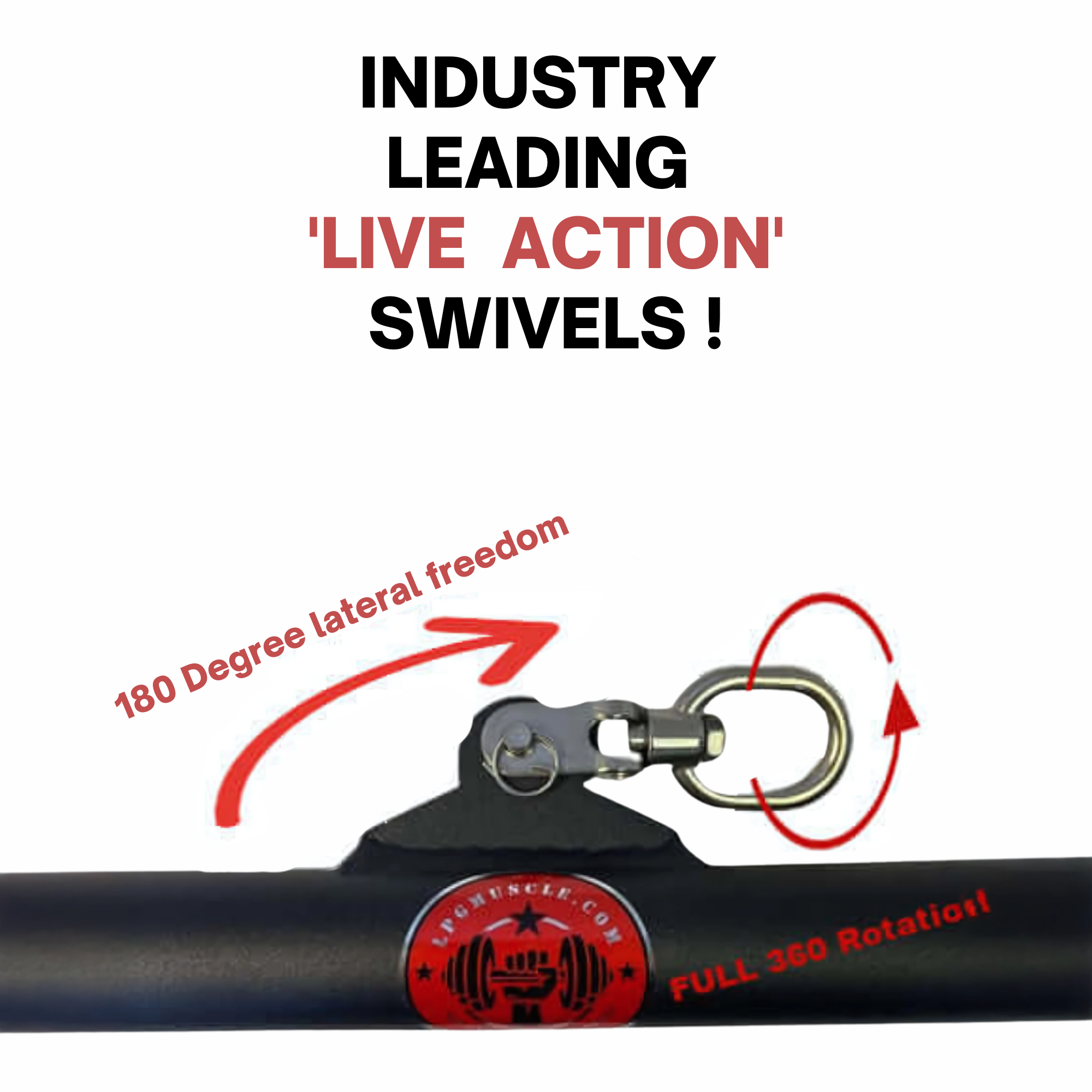 The HOG LEGS 'BOSS HOG' Sixty Inch FAT Lat Pulldown Bar features commercial-grade black swivel cable attachment, with red arrows indicating 180° lateral and 360° rotation—ideal for your lat pulldown bar setup.