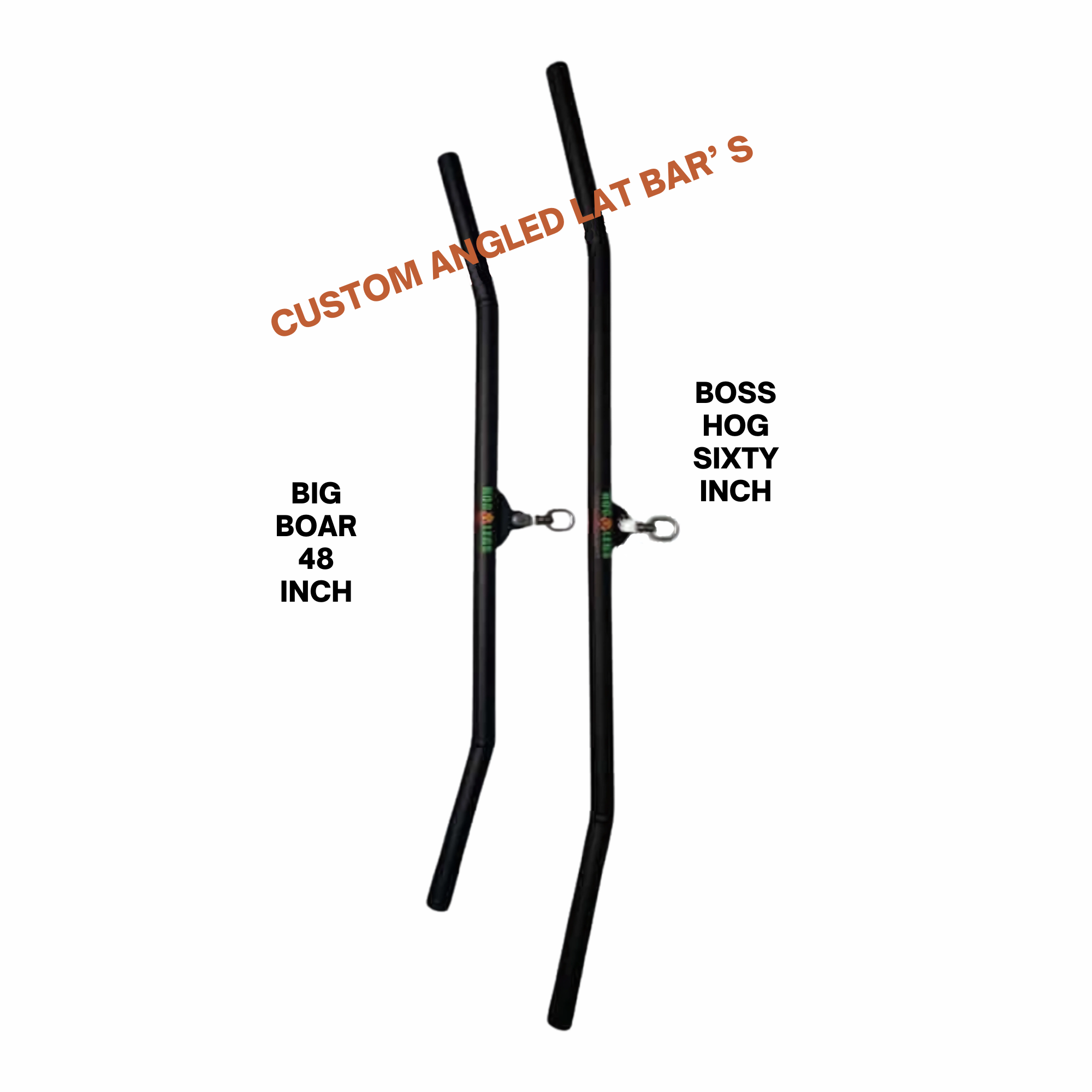 A black, commercial-grade cable attachment bar labeled "HOG LEGS 'BOSS HOG' Sixty Inch FAT Lat Pulldown Bar" is shown on a white background.