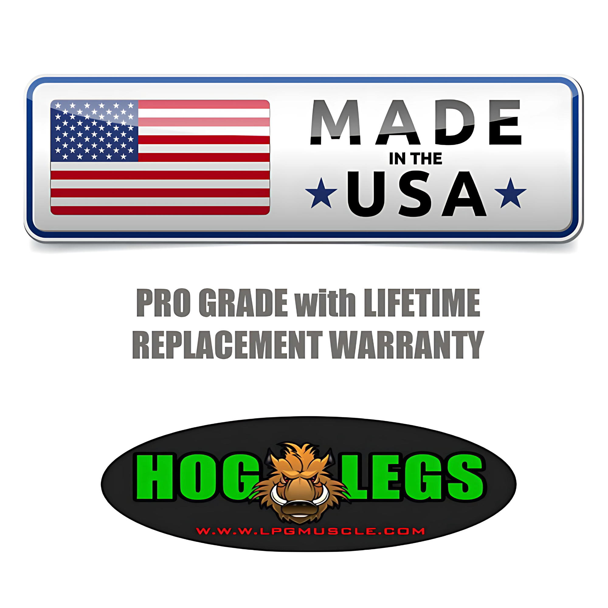 The HOG LEGS 'BOSS HOG' Sixty Inch FAT Lat Pulldown Bar features a rectangular "Made in the USA" sign, warranty text, and a Hog Legs logo with boar illustration, emphasizing this commercial-grade cable attachment.