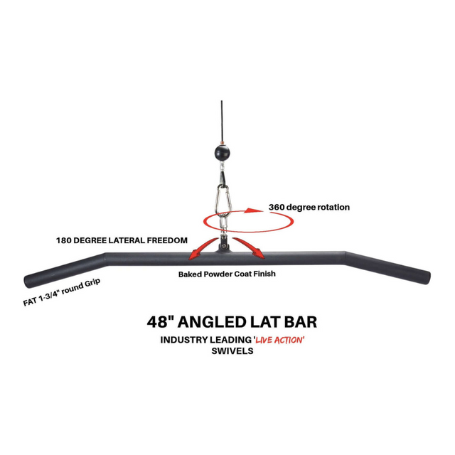 The HOG LEGS 'Back Pac' LEGIT Cable Machine Attachments Set offers an angled lat bar with 360-degree rotation, 180-degree lateral freedom, and FAT GRIP Training Angles for enhanced workouts. This USA-made, commercial-grade equipment is shown on a white background.