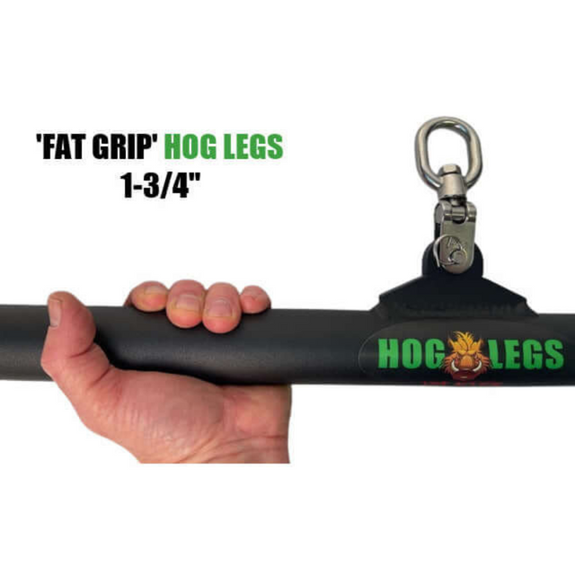 A hand grips a black exercise bar labeled "FAT GRIP" and "HOG LEGS," featuring a metal clip that highlights USA Made Commercial Grade quality. Part of the HOG LEGS 'Back Pac' LEGIT Cable Machine Attachments Set, it enhances workouts with FAT GRIP Training Angles, making it essential for any setup.