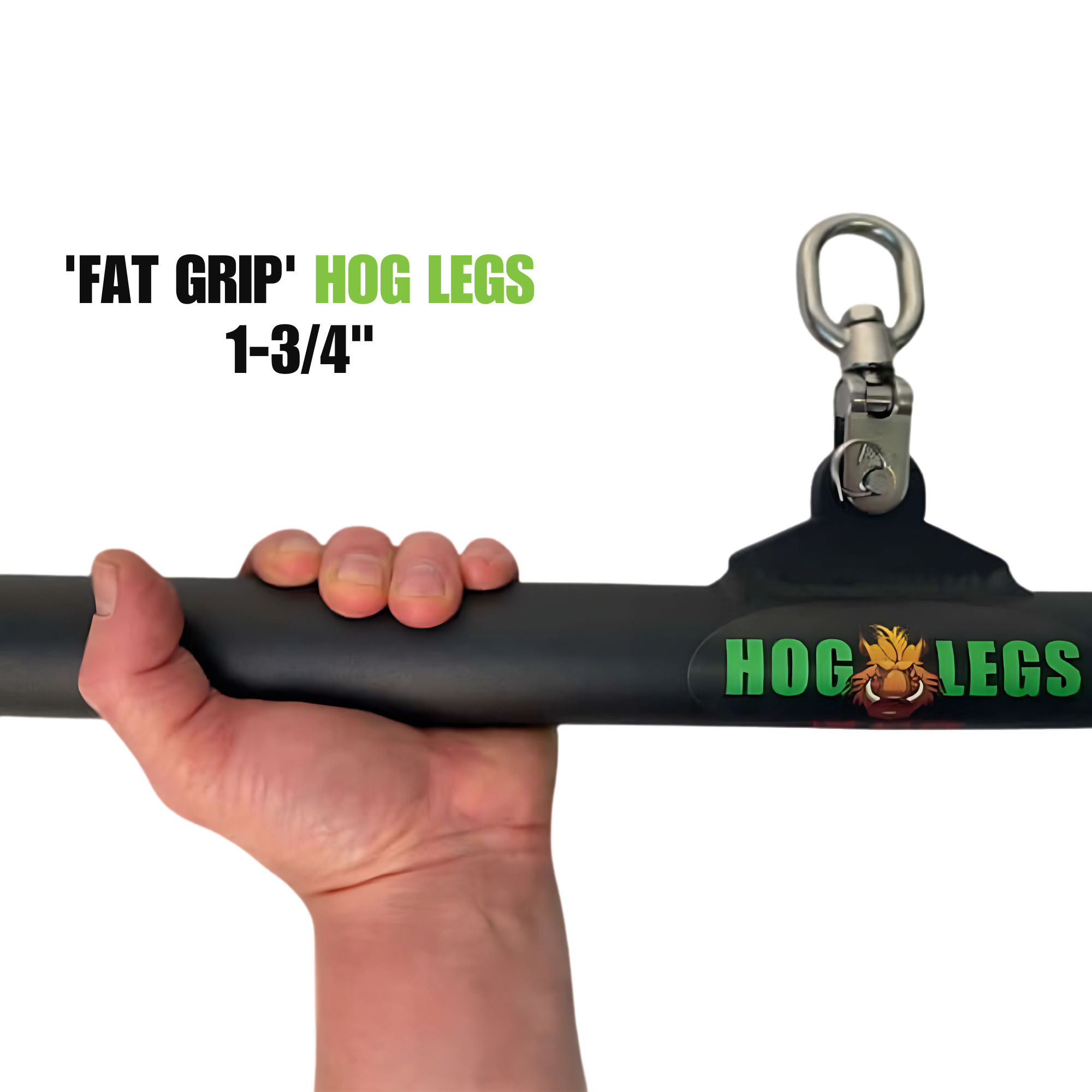 A hand grips a HOG LEGS 'Back Pac' LEGIT Cable Machine Attachments Set pull-up bar with swiveling attachment and bold green logo, perfect for cable machine use.