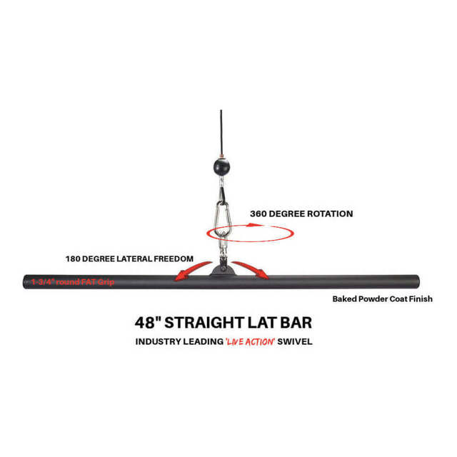 The HOG LEGS 'Back Pac' LEGIT Cable Machine Attachments Set includes a 48" straight lat bar with red grips, 360-degree rotation, and a durable powder coat finish. It features a swivel for smooth motion and offers USA-made commercial-grade quality ideal for enhancing FAT GRIP training angles.