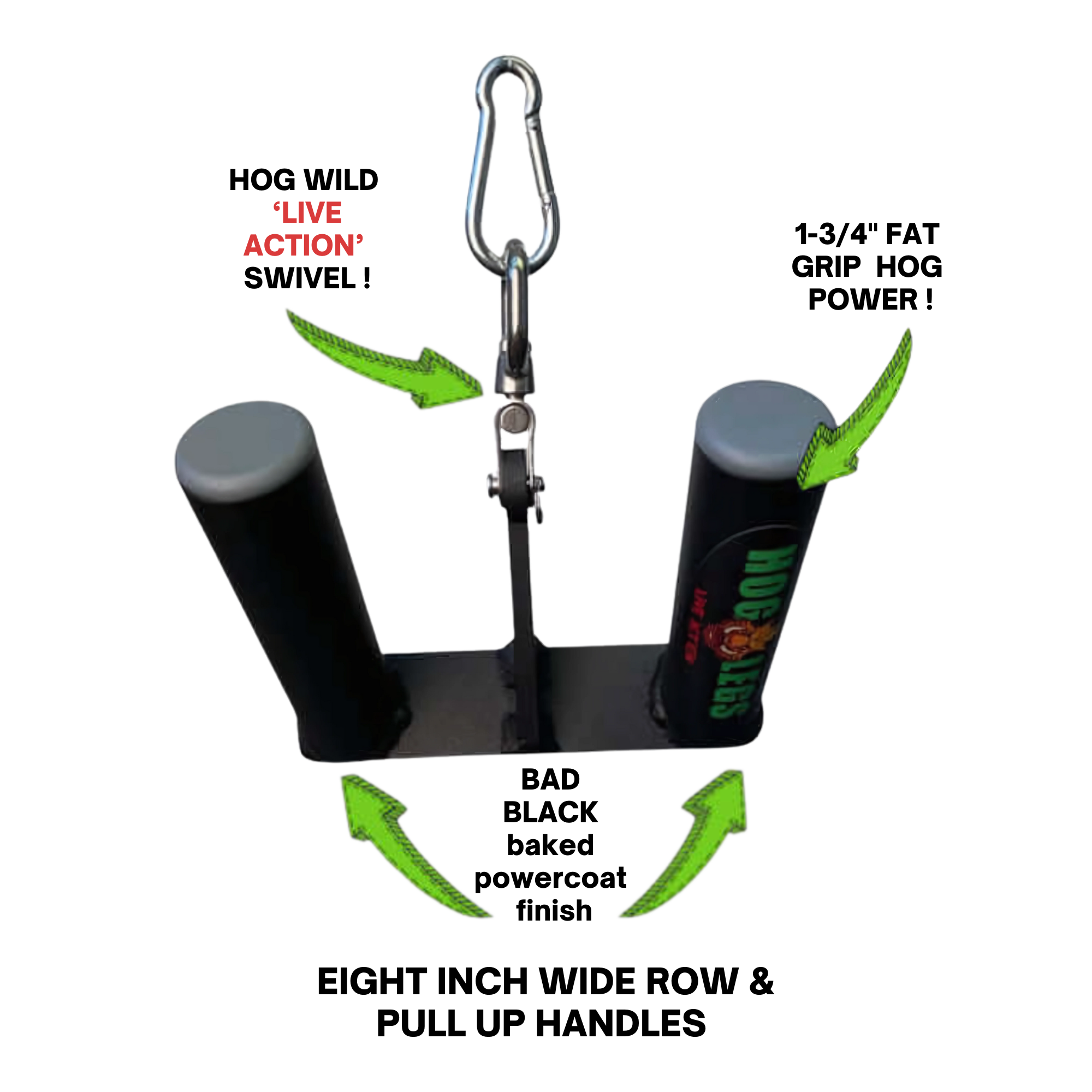 The HOG LEGS 'Back Pac' LEGIT Cable Machine Attachments Set features a dog tug toy with two black handles, metal clip, and green movement arrows, designed to mimic cable machine attachments like a lat bar for interactive play.
